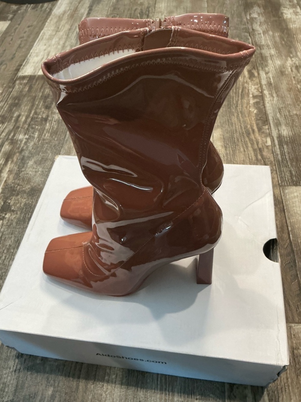 Aldo Glossy Mid-Calf Block Heel Boots in Chestnut Pink Size 6.5 - Picture 8 of 16